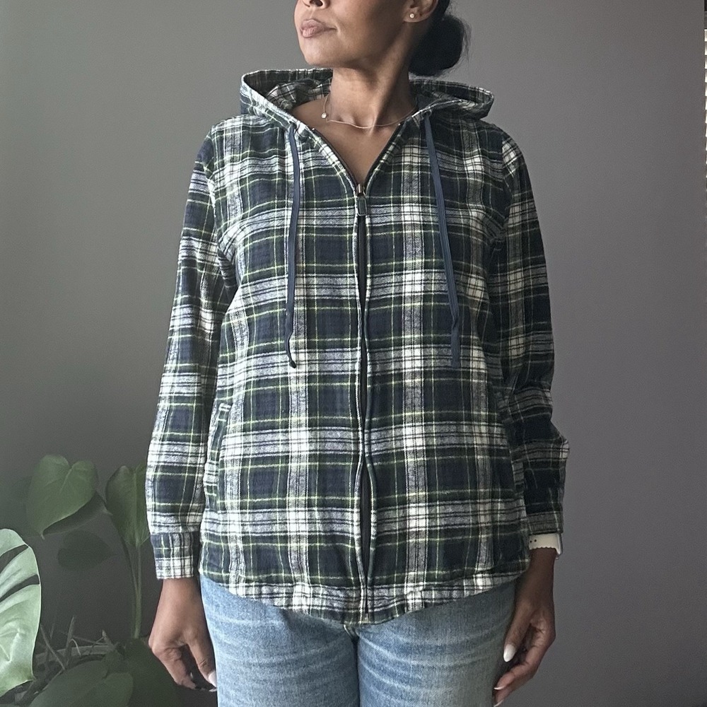 44° North Hooded Shacket Jacket Women's Large Full Zip Cotton Flannel Blue Plaid - Picture 1 of 12